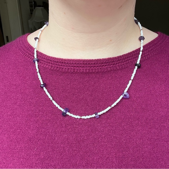 Amethyst Crystal Chip Purple & White Seed Bead Necklace - Picture 6 of 8